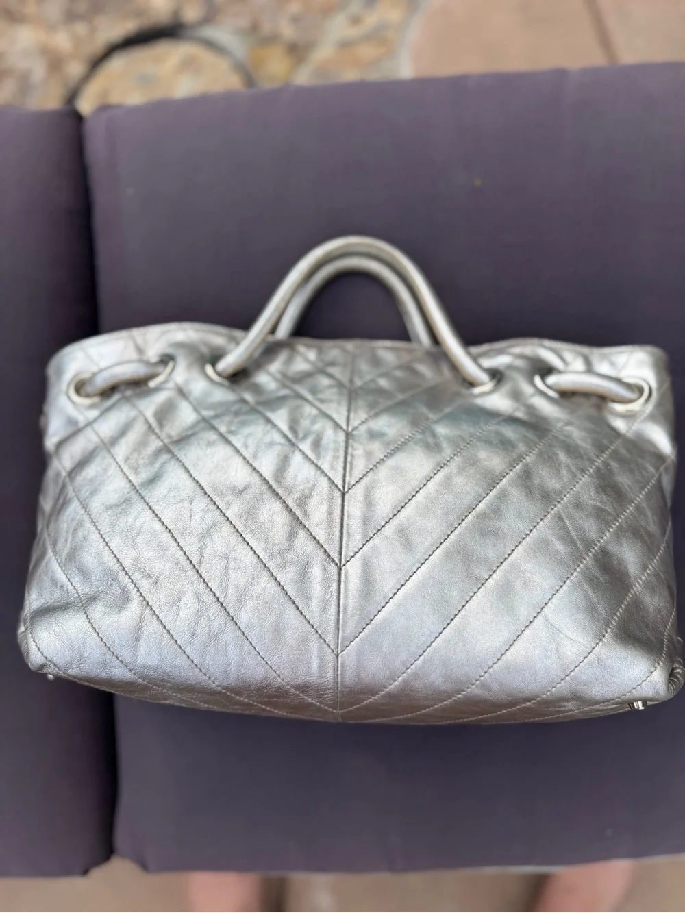 Furla Metallic Silver Leather Chevron Quilted Tote Tassel Bag VGUC Y2K